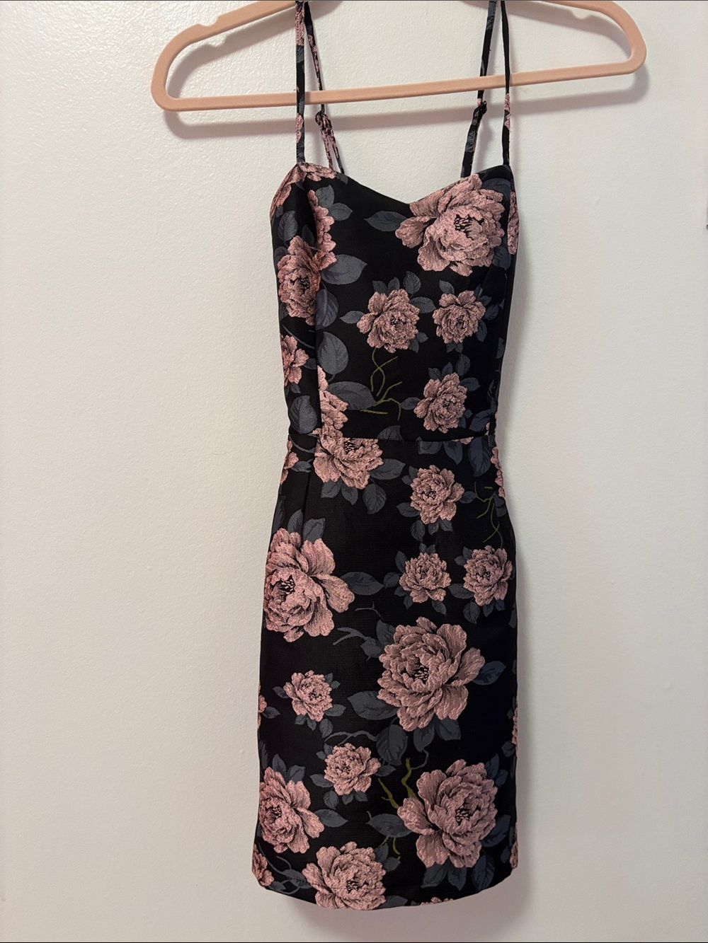 Vintage mid 2000s Black Floral Spaghetti-Strap Dress with Pink Roses